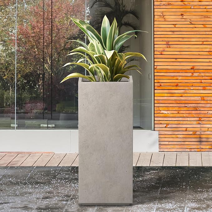 Kante 27.6" H Tall Rectangular Concrete Planter, Modern Square Diameter Plant Pot with Drainage Hole and Rubber Plug for Indoor Outdoor Home Patio Garden, Weathered Concrete