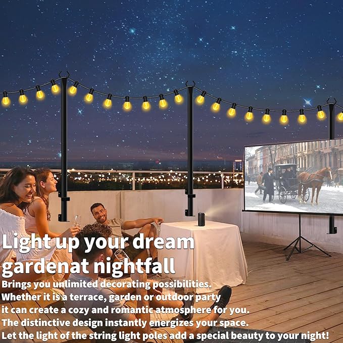 5 Ft String Light Poles 2 Pack, String Light Poles for Outside with Fixing Clips,Hanging Light Poles for Deck Fence Garden Backyard Wall Bistro,Metal Poles for Outdoor String Lights