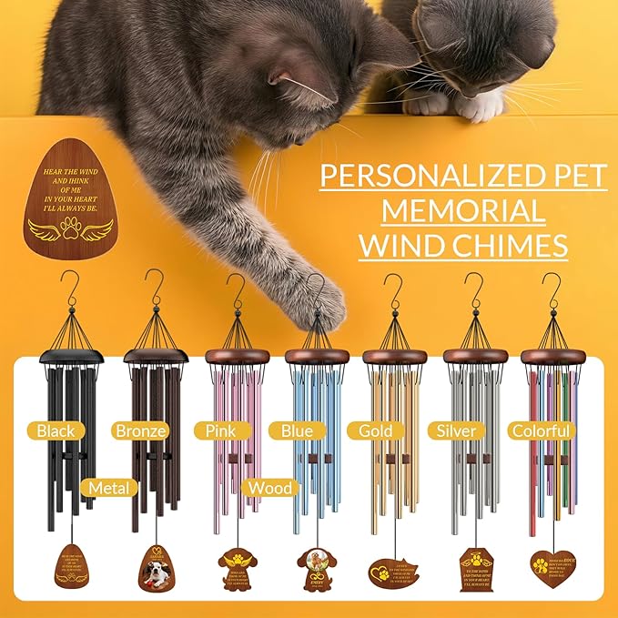 Personalized Pet Memorial Wind Chimes Custom - Custom Dog Memorial Wind Chime - Bereavement Gift for Pet Loss, Healing Wind Chimes for Loss of Cat (Standard Shapes)