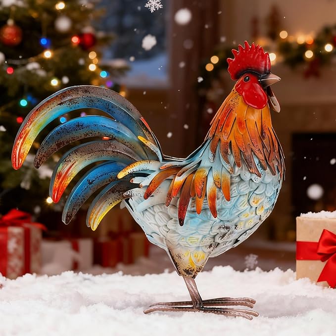 Metal Rooster Decor Garden Statue,Yard Chicken Decorations Outdoor Sculpture for Backyard Patio Kitchen Lawn Ornaments,Birthday Housewarming Gifts for Women Mom