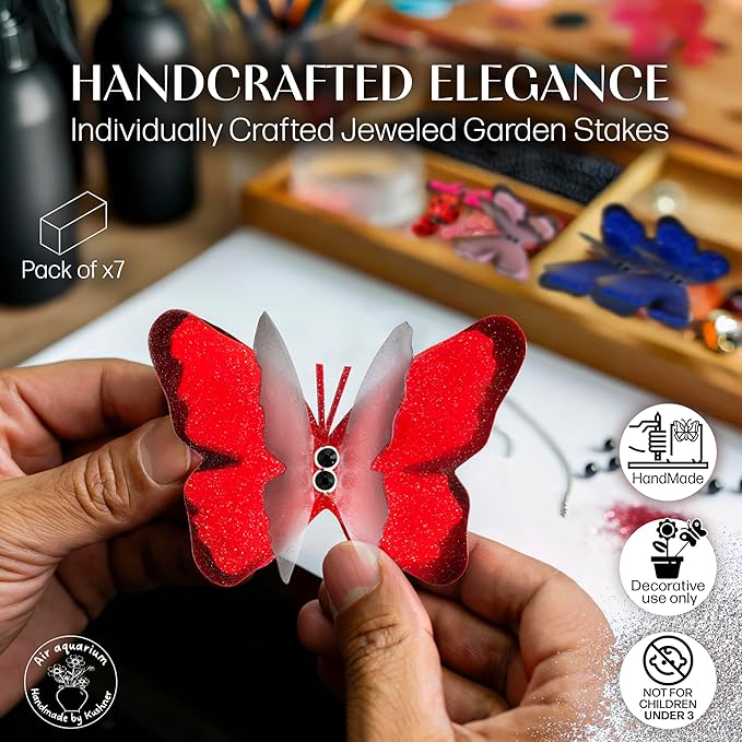 Handmade Red Butterfly Garden Stakes Set of 7 - Decorative Outdoor & Indoor Plant Decor - Nature Lover Gift Idea by Air Aquarium Kushner