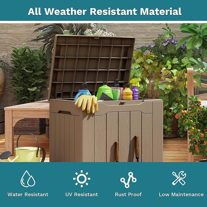 Patiolife 30 Gallon Resin Deck Box, Small Outdoor Storage for Garden Tools, Pool Supplies, Waterproof and Lockable, Brown