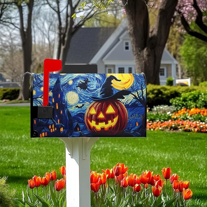 Halloween Mailbox Covers Magnetic Standard Size 21x18 inch Pumpkin Lanterns Post Letter Box Cover Scary Night Mailbox Wrap Castle Witch Forest Fall Autumn for Outside Garden Yard Decor