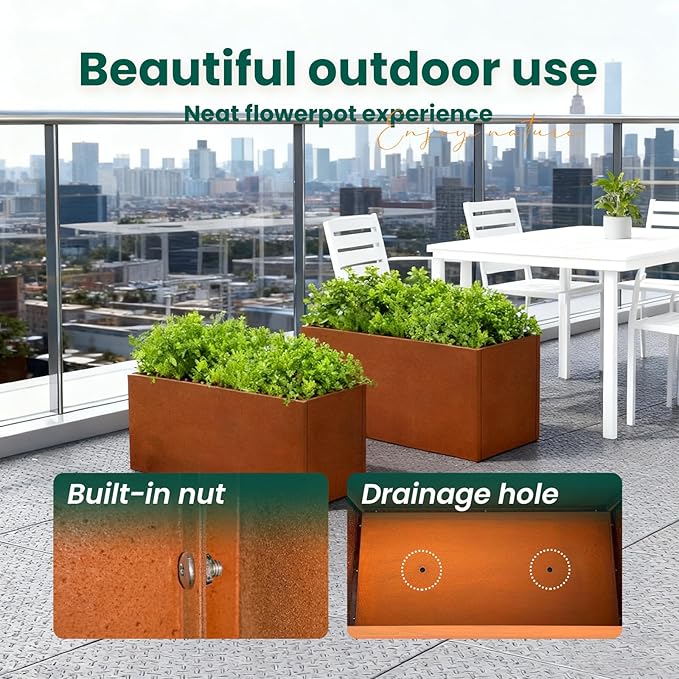 Corten Steel Planter Box Metal Outdoor Large Rectangular Rustic Durable Antique Detached for Commercial Residential Patio Deck and Backyard 36" x 12" x 16"