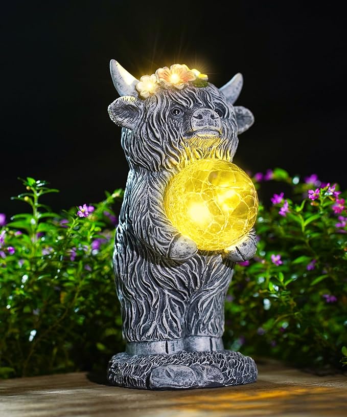 Solar Highland Cow Outdoor Decor:Garden Statue Sculpture Lamp with Ball for Yard Lawn Balcony Patio Porch- Birthday Gifts for Mom Women Grandma(Grey)