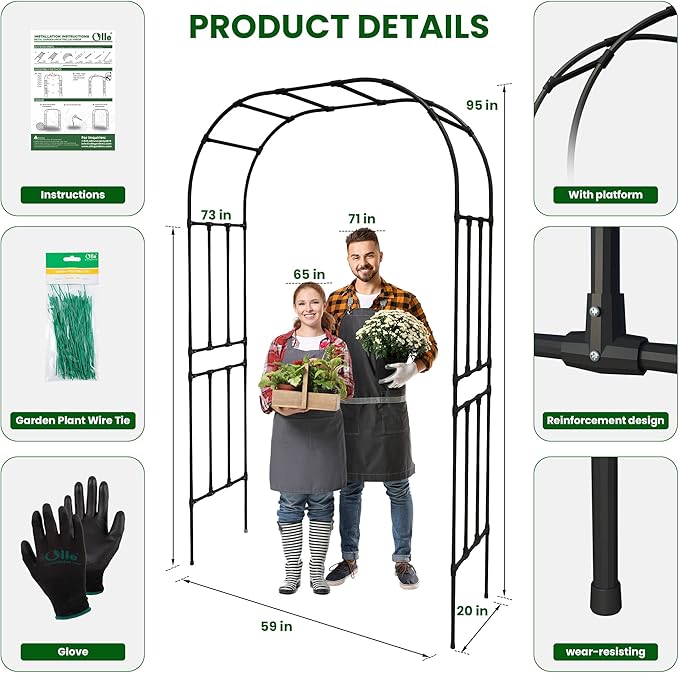 Olle Garden Arbor 95" High 59" Wide Easy to Assemble Wedding Arches for Ceremony Lightweight Garden Trellis Arch Garden Arch Trellis for Climbing Plants, Black