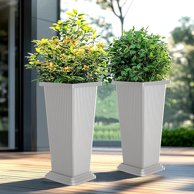 24-Inch Tall Planters Set of 2 for Outdoor and Indoor Use, Tapered Flower Pots with Drainage Tray, Front Porch and Patio Decor, Ideal for Large Plants (Stripes-White)