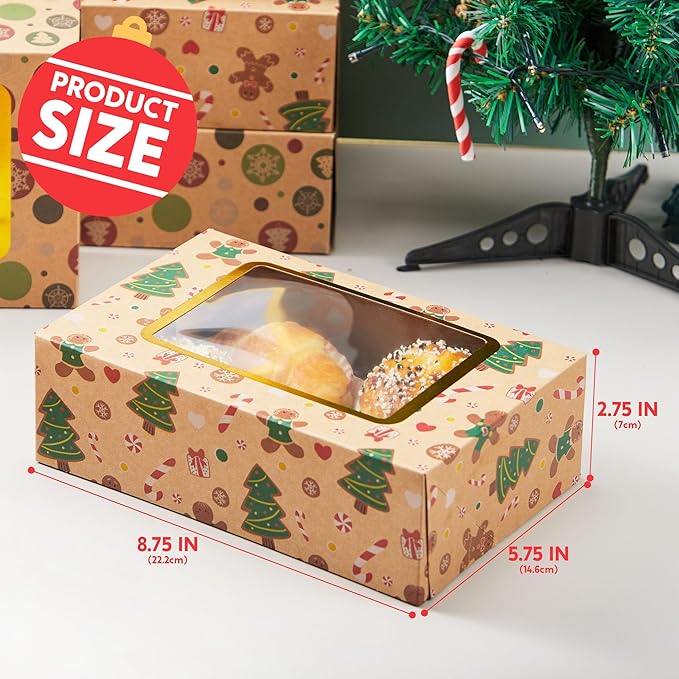 JOYIN 24 PCS Foiled Christmas Cookie Boxes for Gift Giving, 8.75" x 5.75" x 2.75” Bakery Boxes with Window, 3 Design Brown Kraft Cardboard Treat Box for Xmas Holiday Pastries Cupcakes Doughnut Wrap