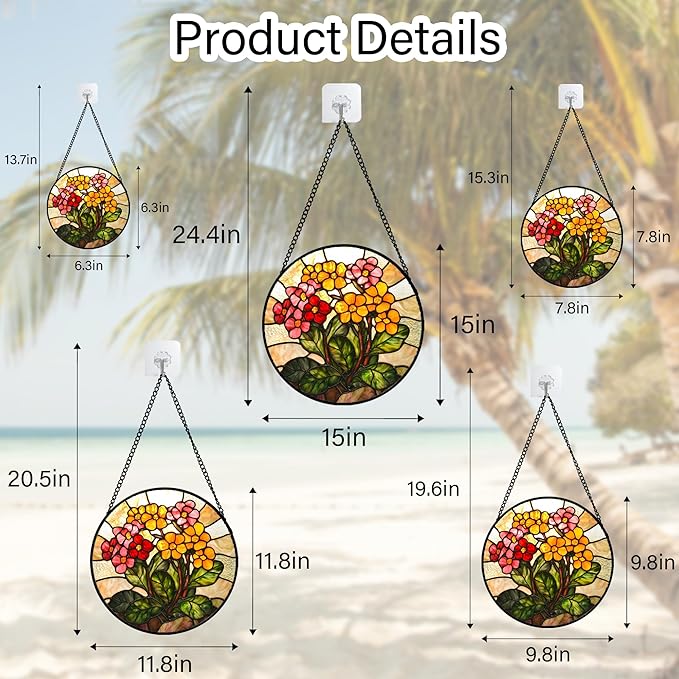 Stained Glass Window Hanging, Yellow Red Flowers Sun Catcher for Window Door Home Decor Green Plant Suncatcher Christmas Mother's Day Birthday Gifts for Women Men Mom and Nana 15 in