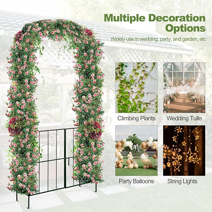 Tangkula 7.5Ft Garden Arbor with Gate, Metal Garden Arch with Trellis for Climbing Plants, Roses, Vines, Outdoor Garden Archway for Wedding Bridal Party Decoration Ceremony (Black)