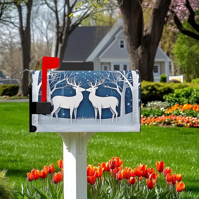 Winter Deer Mailbox Cover Snow Mailbox Covers Magnetic Standard Size 21x18 inch Christmas Post Letter Box Cover Outdoor Decor for Garden