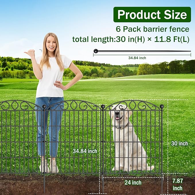 No Dig Decorative Garden Fence 6 Panel - 30in H x 11.8ft L, Tall Animal Barrier for Dogs Rabbits, Rustproof Metal Wire Panels for Yard, Patio, and Outdoor Border Use