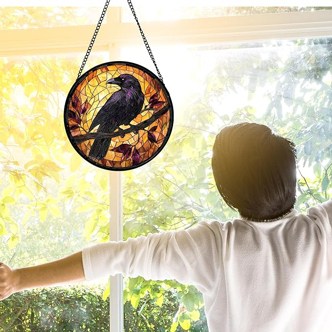 Stained Glass Window Hanging - Crow on a Branch Suncatcher Ready to Hang Window Doors Home Decoration and Christmas, Mother's Day Birthday Gifts for Women, Men, and Mom 11.8x11.8 in
