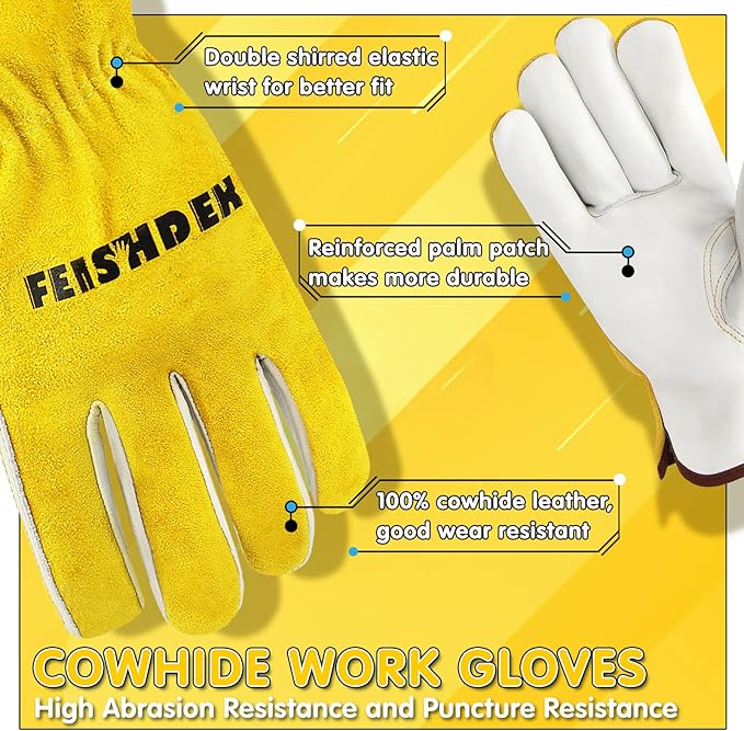 Leather Work Gloves, Puncture Proof Garden Gloves for Women, Heavy Duty Safety Working Gloves for Men