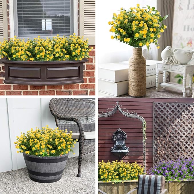 6 Bundles Artificial Flowers, Fake Artificial Greenery UV Resistant No Fade Faux Plastic Plants for Wedding Bridle Bouquet Indoor Outdoor Home Garden Kitchen Office Table Vase (Yellow)