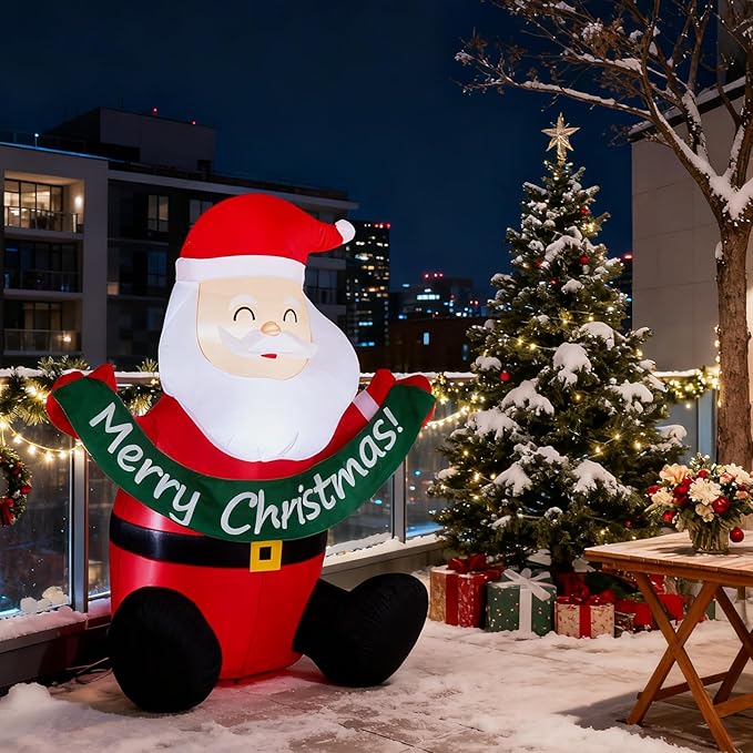 VINGLI 5.8ft Cute Santa Claus Inflatable, Inflatable Santa Holding Banner Christmas Blow ups Yard Decoration, Outdoor Inflatables with LED Lights for Outdoor, Lawn, Garden, Xmas Holiday Decor