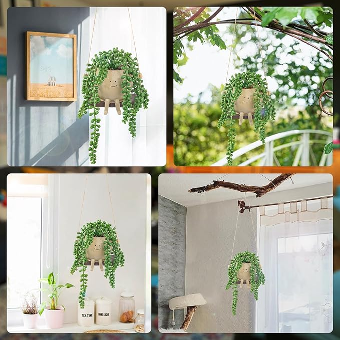 Artificial Hanging String of Pearls Succulent in Cute Smiley Face Swing Planter, Fake Trailing Succulent Plant for Indoor Outdoor Home Wall & Window Decor | Includes Hanging Hook