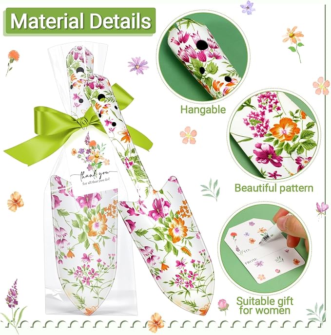 Capoda 12 Sets Floral Garden Shovels Bulk Gardening Gift for Women Thanksgiving Garden Tools Floral Hand Heavy Duty Trowels Thank You Cards with Bags for Christmas Mom Birthday Teacher(Green,Classic)
