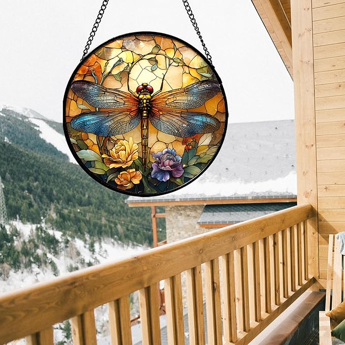 Stained Glass Window Hanging - Orange Blue Dragonfly Flower Suncatcher for Doors Window Home Sun Catchers Decor Christmas Mother's Day Birthday Outdoor Gifts for Women Men Mom Nana 6.3 in