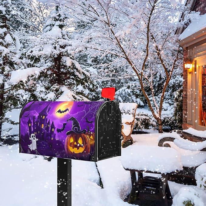 Pumpkin Mailbox Covers Magnetic Halloween Bat Post Letter Box Cover Scary Night Mailbox Wrap Standard Size 21x18 inch Castle Lanterns Forest for Outside Garden Decor Fall Autumn