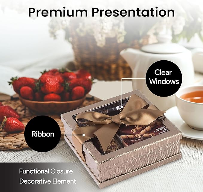 Hammont Clear Window Gift Boxes (3 Pack) Multipurpose Bakery Boxes with Ribbon | Treat Boxes Perfect for Party Favors, Cookies and Cupcakes (Gold, 6” x 6” x 2”)