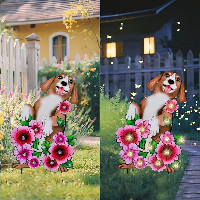 WONDER GARDEN Decorative Garden Stakes - Lighted Dog and Flower Yard Sign Stakes Spring Signs for Outdoor, Porch, Yard,Flower Bed Decor (Battery Operated)