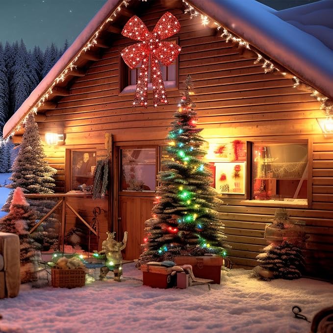 Lighted Giant Christmas Bows Decoration - HOYECHI Lighted Large Outdoor Bows for Wreaths, Outdoor Hanging Christmas Decorations, LED Holiday Yard Décor with 75 Lights - Red
