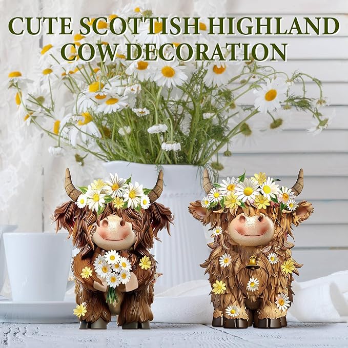2 Pcs Highland Cow Figurines Daisy Flower Highland Cow Gnomes Decor Resin Statue Calf Lovers Gifts for Farmhouse Home Garden Kitchen Office Tiered Tray Table Decor