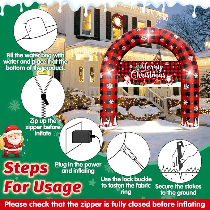 8 FT Giant Inflatable Inflable Merry Christmas Arch Decoration with LED Lights, Blow Up Decor for Outdoor Yard Lawn Sign Backdrop (Buffalo Plaid Porch)