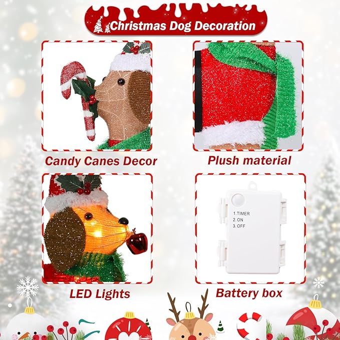 Christmas Decorations Outside Non-Collapsible Lights Christmas 2PCS Dogs Lighted with LED Warm Lights for Yard Lawn Porch Garden Living Room Bedroom Indoor Outdoor