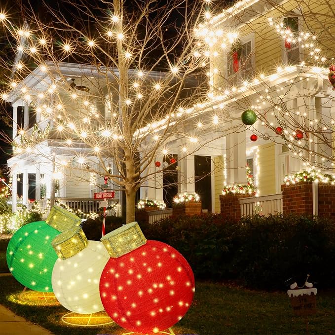 Giant Lighted Pop-Up Christmas Ornaments for Outdoor Display, 3-Piece Holiday Ball Decorations with 240 LEDs, Red/Green/White for Yard or Lawn