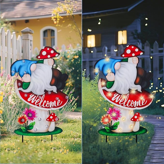 WONDER GARDEN Decorative Garden Stakes - Lighted Mushroom and Gnome Yard Sign Stakes with Flower, Spring Signs for Outdoor, Porch, Yard,Flower Bed Decor (Battery Operated)