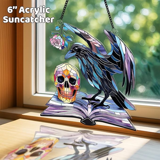 2 Halloween Decorations Bat Raven Acrylic Suncatchers, Window Hanging Bat Gothic Decor, Spooky Raven Halloween Ornament Gifts, Idea Gifts Holiday Keepsake, Scary Home Indoor Outdoor Display SS344