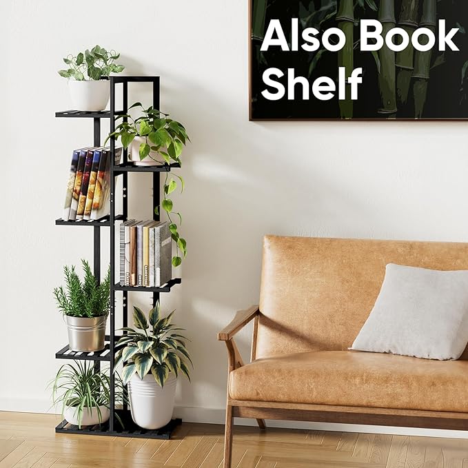 ROSSNY 48 Inch Tall Plant Stand Indoor, 6 Tier 7 Potted Bamboo Plant Stands for Indoor Plants, Corner Plant Stand, Tiered Plant Stands, Plant Shelf For Indoor, Planter Holder for Multiple Plants Indoor, Black