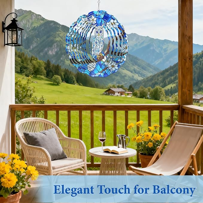 Owl Wind Spinners Outdoor, Owl Gifts for Women Men Wife Mom Husband Dad Grandpa, Hanging Wind Sculptures Spinners for Christmas, 12 inch Outdoor Indoor Hanging Ornament for Garden Porch