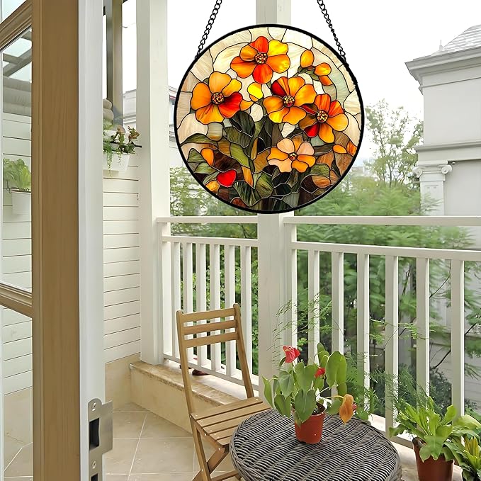 Stained Glass Window Hanging - Orange Marigolds Flowers Suncatcher for Door Garden Yard Sun Catchers Decor Christmas Mother's Day Birthday Gifts for Women Mom Nana Girlfriend Men 7.8 in