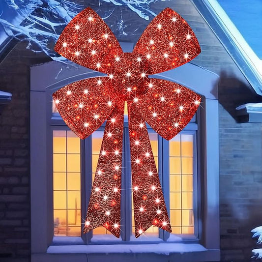 Lighted Giant Christmas Bows Decoration - HOYECHI Lighted Large Outdoor Bows for Wreaths, Outdoor Hanging Christmas Decorations, LED Holiday Yard Décor with 75 Lights - Red