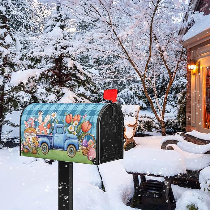 Easter Mailbox Covers Magnetic Gnome Mailbox Cover Standard Size 21x18 in Spring Colorful Flowers Decorations for Outside Garden Waterproof Oxford Blue Buffalo Plaid