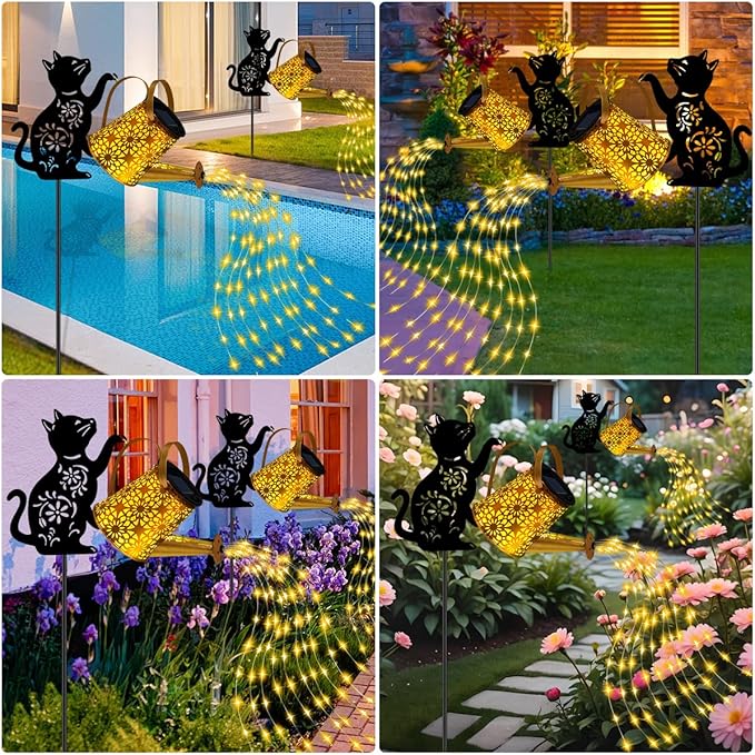 Solar Lights Outdoor Decorative, Watering Can with Cascading Lights, with Cat Silhouette Garden Stakes, Waterproof Metal Garden Decor for Yard Art, Outside, Patio, Lawn Ornaments 2PACK