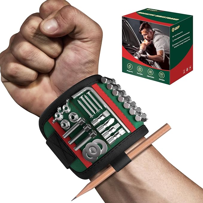 Magnetic Wristband for Tools, Tool Belt Wrist Band with 15 Powerful Magnet, Adjustable Wrist Screws Holder, Gifts for Men, Him, Dad, Stocking Stuffers for Men, Mechanics, Woodworker, Handyman