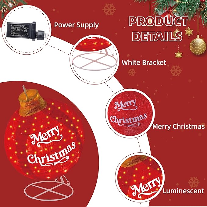 2-Pack Lighted Pop-Up Christmas Ball with 180 LEDs & 8 Light Functions, Holiday Yard Decor，Outdoor Christmas Decorations