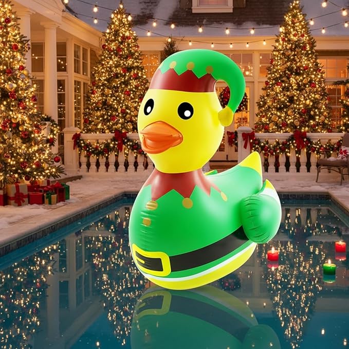 Hungdao 1 Pcs 4 Feet PVC Christmas Giant Inflatable Elf Duck Huge Rubber Large Blow up Duck Christmas Pool Floats for Xmas Holiday Indoor Outdoor Pool Decorations