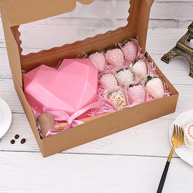 20-Pack Bakery Boxes with Window, 12" x 8" x 2.5" Cookie Boxes, Treat Boxes, Large Donut Boxes for Muffins and Pastries (Brown)