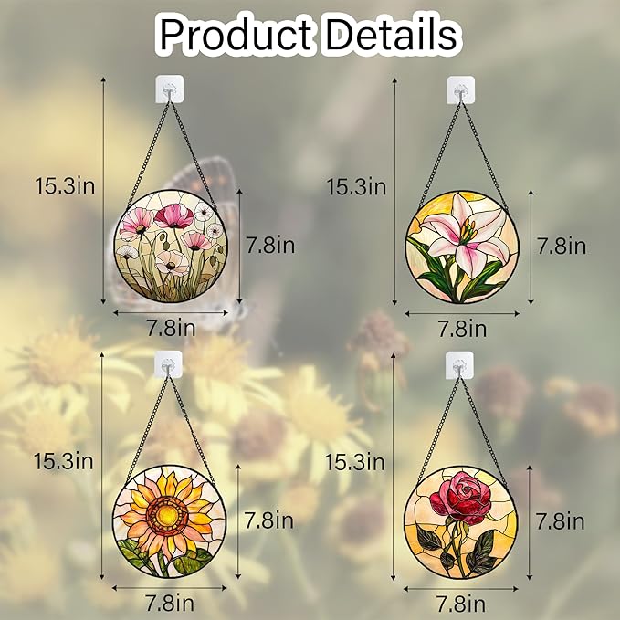 Stained Glass Window Hanging 4 Pcs Set Lily Rose Sunflower Poppy 7.8" - Flower Suncatcher Door Garden Sun Catcher Decor Birthday Mother's Day for Wife Woman Nana Girl
