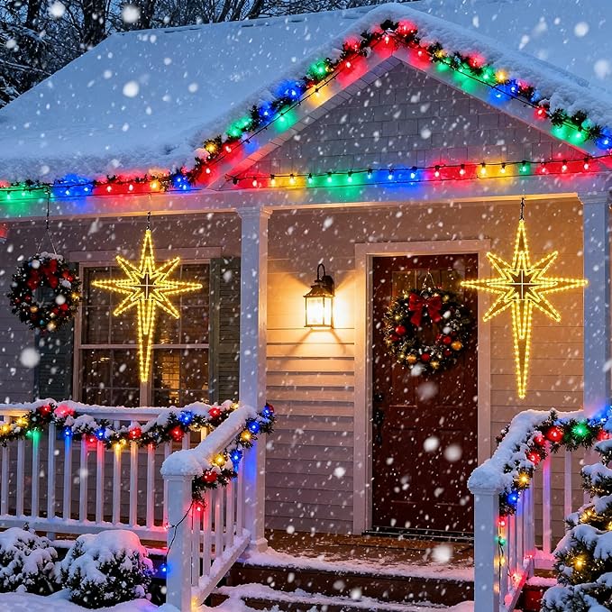 Outdoor Christmas Star of Bethlehem Large LED Star Window Plug Operated Lighted for Xmas Wall Window Indoor Outside Home Street Store Holiday Decorations(35'',Warm Light)