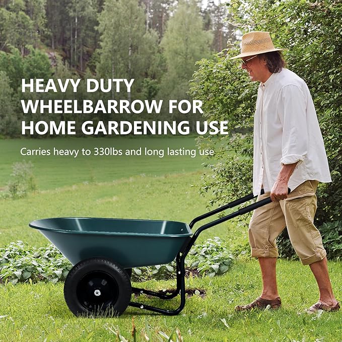 S AFSTAR 2 Wheels Wheelbarrow, Heavy Duty Garden Cart with Two 13-inch Pneumatic Tires, 330 lbs Capacity, Utility Cart for Outdoor Lawn Yard Farm Ranch (Green)
