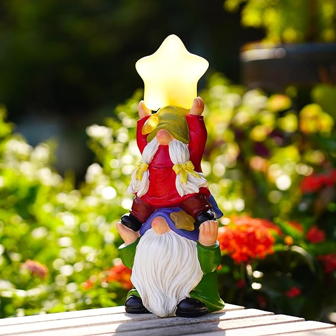 Solar Garden Gnomes Outdoor Statue with Solar Lights, 11" Figurine Lights Solar Garden Outdoor Decorations for Patio,Yard,Lawn Ornament，Mom Gift Unique Housewarming Gifts