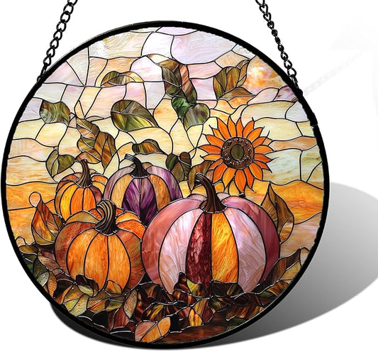 Stained Glass Window Hanging, Pumpkin Sunflower Suncatcher Diamond Glass Panel Sun Catchers Decor for Birthday for Women, Men, Wife, Aunt, and Mom 11.8x11.8 in