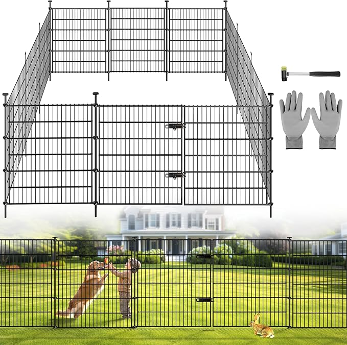 Garden Fence Panels with Gate 14.5ft(L) X 40in(H), Garden Fencing for Yard Includes Gloves, Hammer&Zip Ties, Rustproof Metal Wire Temporary No Dig Dog Fence Outdoor for Yard
