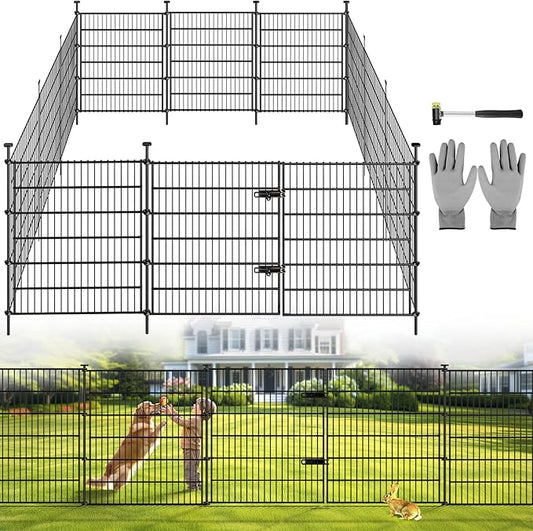 Garden Fence Panels with Gate 14.5ft(L) X 40in(H), Garden Fencing for Yard Includes Gloves, Hammer&Zip Ties, Rustproof Metal Wire Temporary No Dig Dog Fence Outdoor for Yard
